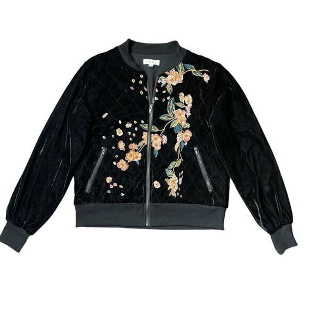 Black Velvet Quilted Floral Embroidered Bomber Jacket By THMI Womens S Boho Fall